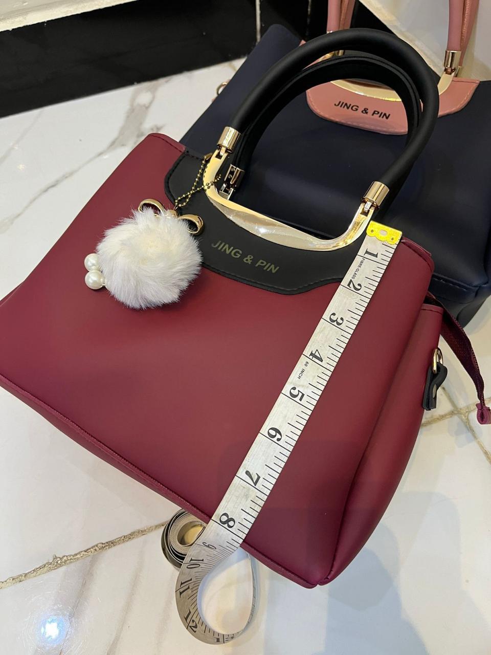 JING & PIN 2PCS HIGH QUALITY SYNTHETIC LEATHER HANDBAG SET WITH LONG BELT & POM-POM KEYCHAIN
