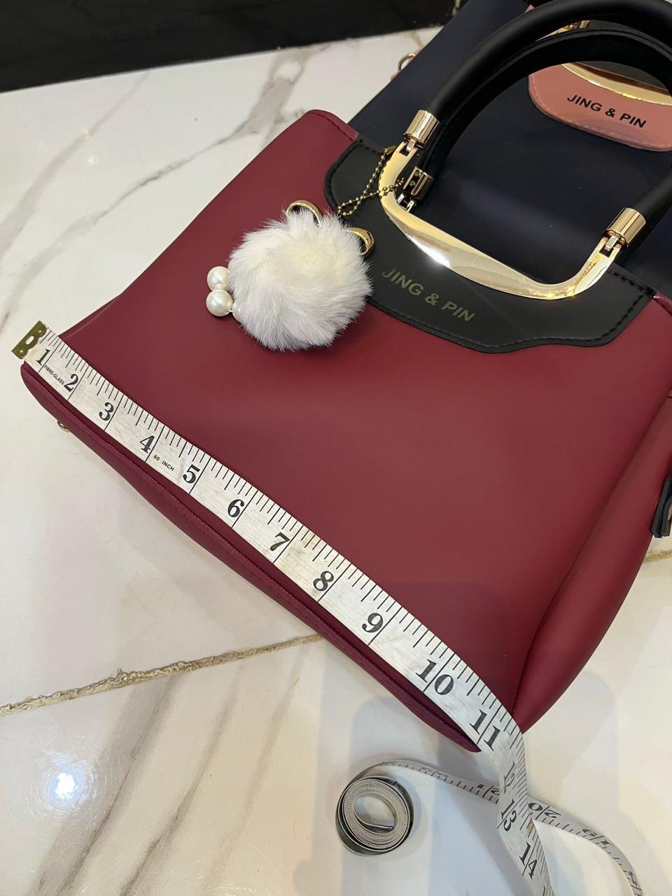 JING & PIN 2PCS HIGH QUALITY SYNTHETIC LEATHER HANDBAG SET WITH LONG BELT & POM-POM KEYCHAIN