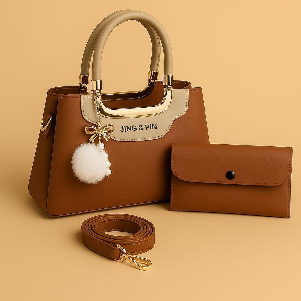 JING & PIN 2PCS HIGH QUALITY SYNTHETIC LEATHER HANDBAG SET WITH LONG BELT & POM-POM KEYCHAIN
