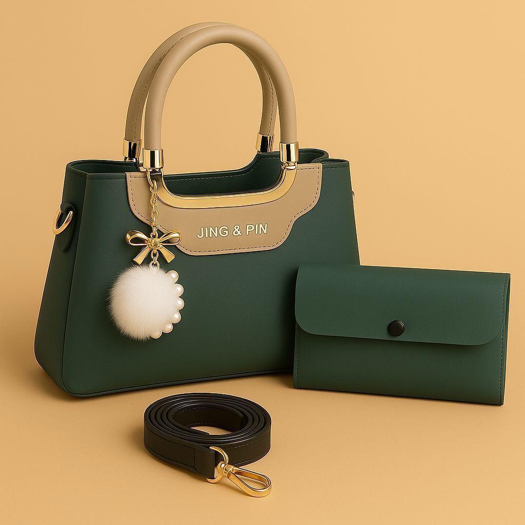 JING & PIN 2PCS HIGH QUALITY SYNTHETIC LEATHER HANDBAG SET WITH LONG BELT & POM-POM KEYCHAIN