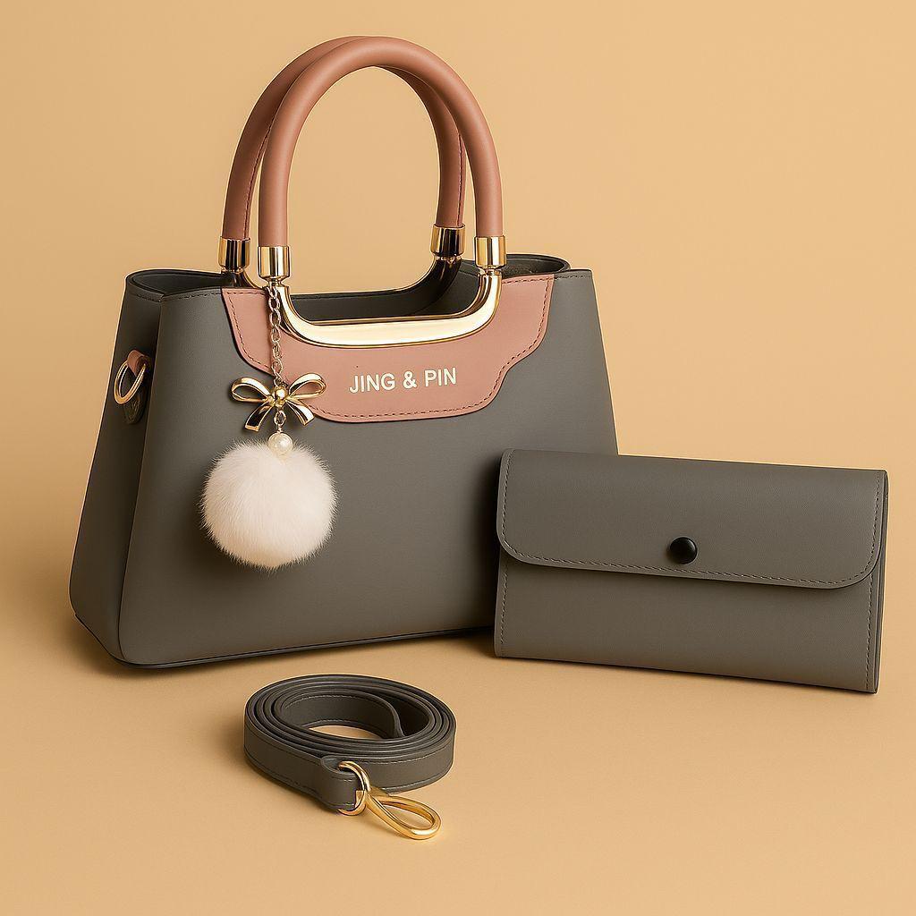 JING & PIN 2PCS HIGH QUALITY SYNTHETIC LEATHER HANDBAG SET WITH LONG BELT & POM-POM KEYCHAIN