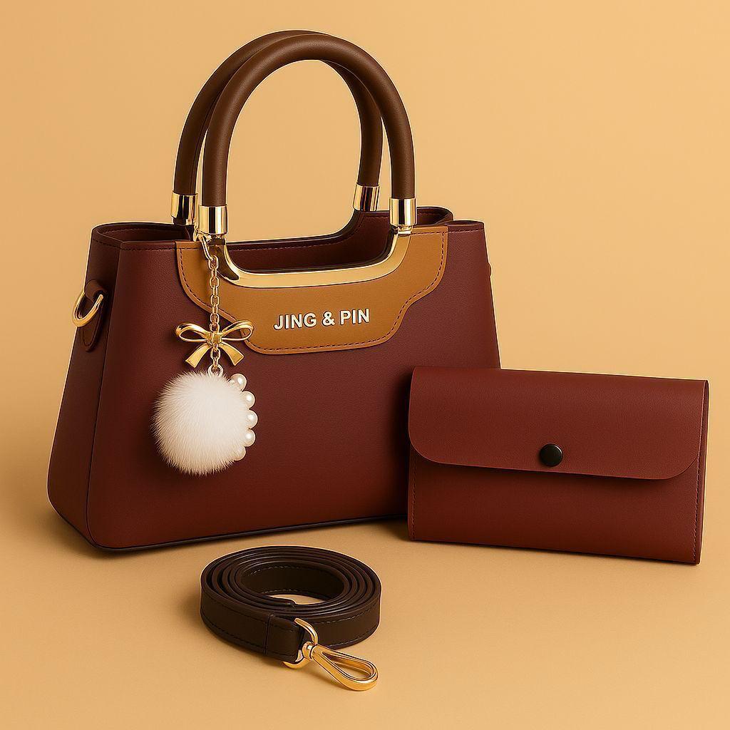 JING & PIN 2PCS HIGH QUALITY SYNTHETIC LEATHER HANDBAG SET WITH LONG BELT & POM-POM KEYCHAIN