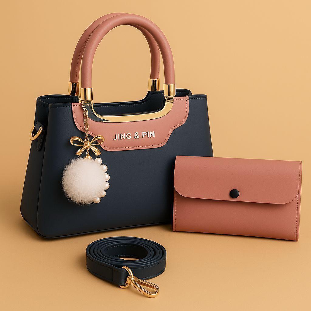 JING & PIN 2PCS HIGH QUALITY SYNTHETIC LEATHER HANDBAG SET WITH LONG BELT & POM-POM KEYCHAIN