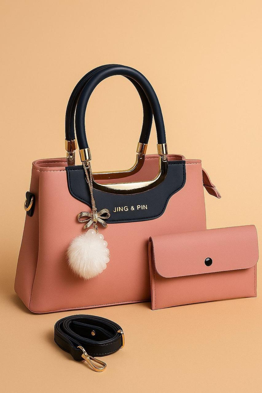 JING & PIN 2PCS HIGH QUALITY SYNTHETIC LEATHER HANDBAG SET WITH LONG BELT & POM-POM KEYCHAIN