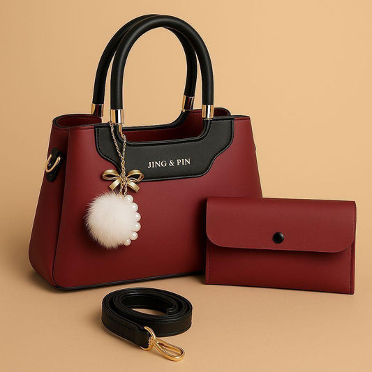 JING & PIN 2PCS HIGH QUALITY SYNTHETIC LEATHER HANDBAG SET WITH LONG BELT & POM-POM KEYCHAIN