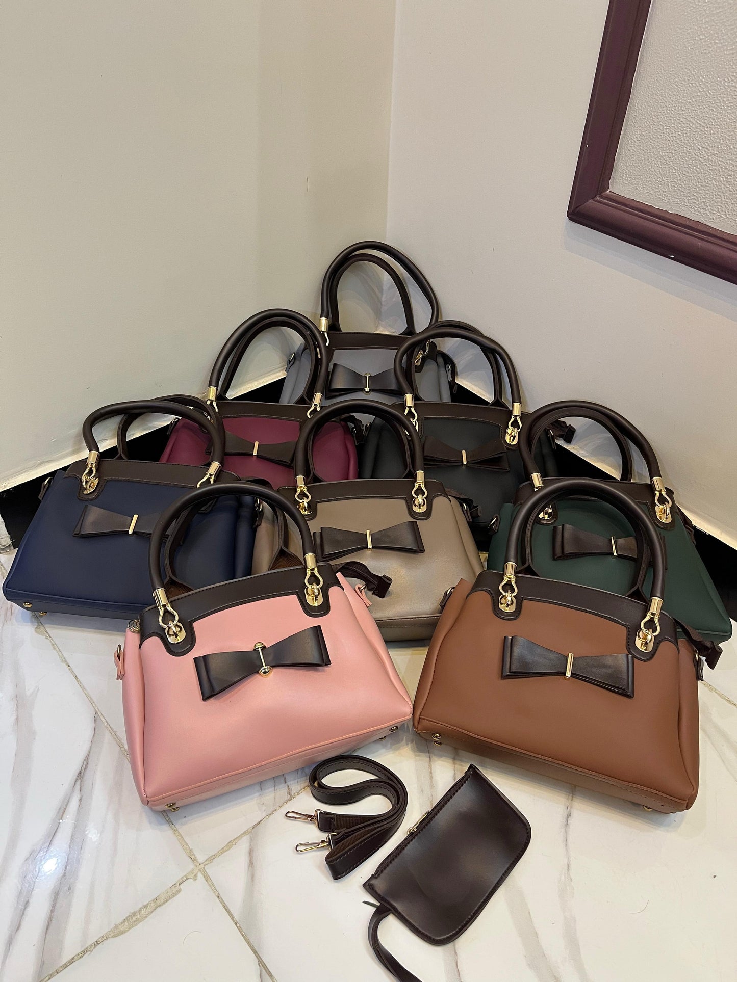 High Quality 2-Piece Bow Style Handbag Set with Wallet – Long Belt